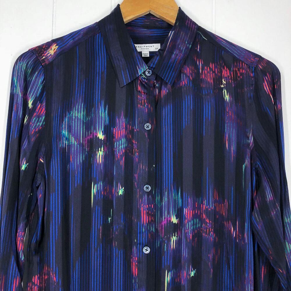 Equipment Sheer Silk Blend Button Front Blouse Abstract Stripe Size Small Blue - Picture 4 of 15